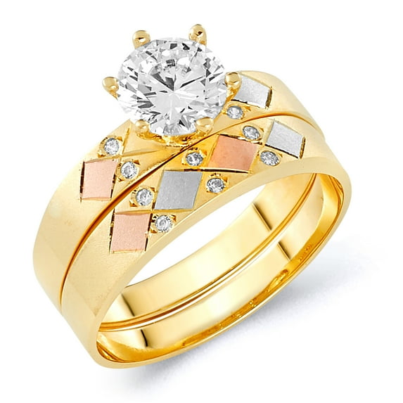 Wellingsale Ladies Solid 14k Tri 3 Color Gold Polished CZ Cubic Zirconia Round Cut Engagement Ring and Wedding Band Bridal Set - Size 8.5