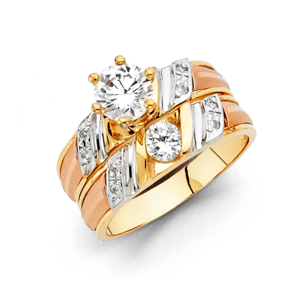 Bague De Fiançailles Et Alliance 14K Or Tricolore Avec Zirconium Cubique - Taille 7 - Neuf