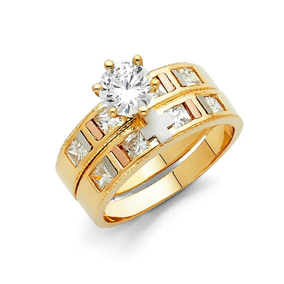 Wellingsale Ladies Solid 14k Tri 3 Color Gold Polished CZ Cubic Zirconia Round Cut Engagement Ring and Wedding Band with Cross Bridal Set - Size 7