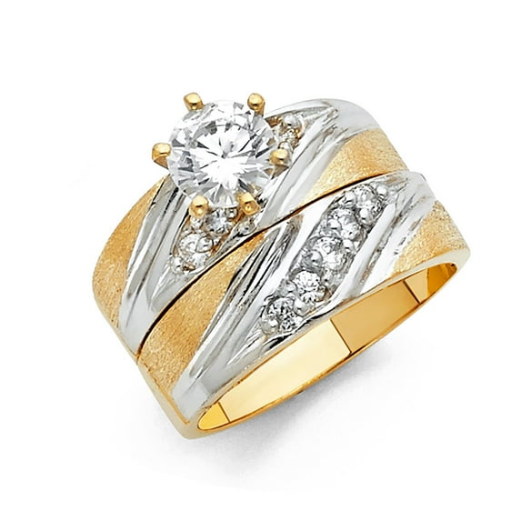 Wellingsale Ladies Solid 14k Two 2 Tone White and Yellow Gold Polished CZ Cubic Zirconia Round Cut Engagement Ring with Side Stones and Wedding Band Bridal Set - Size 9