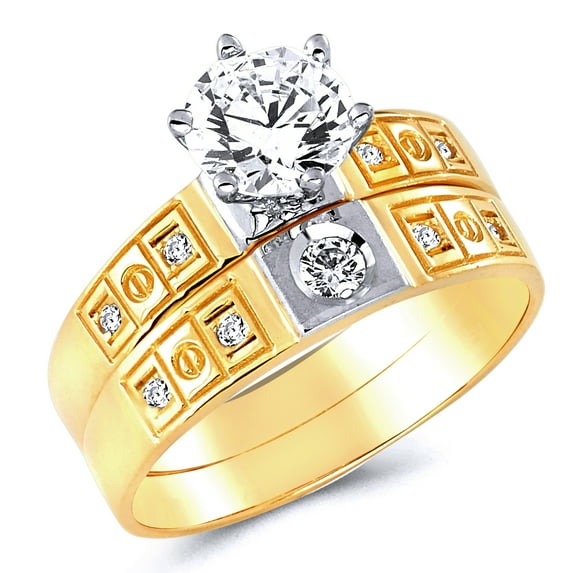 Wellingsale Ladies Solid 14k Two 2 Tone White and Yellow Gold Polished CZ Cubic Zirconia Round Cut Engagement Ring and Wedding Band Bridal Set - Size 5.5
