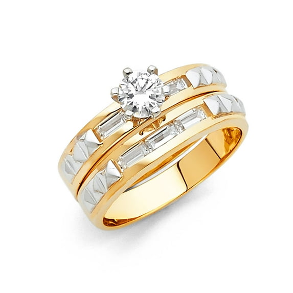 Wellingsale Ladies Solid 14k Two 2 Tone White and Yellow Gold Polished CZ Cubic Zirconia Round Cut Engagement Ring and Wedding Band Bridal Set - Size 7