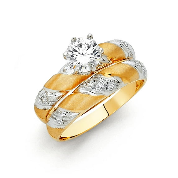 Wellingsale Ladies Solid 14k Two 2 Tone White and Yellow Gold Polished CZ Cubic Zirconia Round Cut Engagement Ring and Wedding Band Bridal Set - Size 8.5