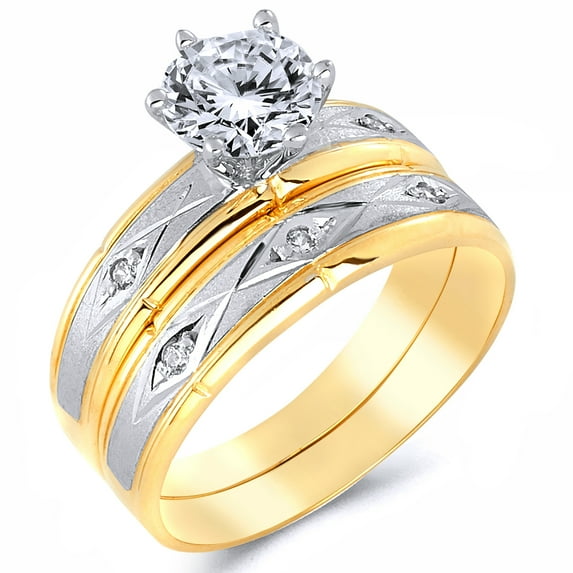 Wellingsale Ladies Solid 14k Two 2 Tone White and Yellow Gold Polished CZ Cubic Zirconia Round Cut Engagement Ring and Wedding Band Bridal Set - Size 9