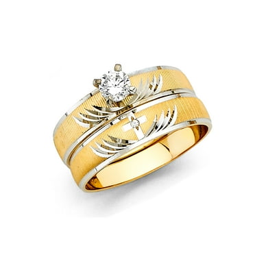 Wellingsale Ladies Solid 14k Two 2 Tone White and Yellow Gold Polished Diamond Cut CZ Cubic Zirconia Engagement Ring + Wedding Band Bridal Set - Size 4