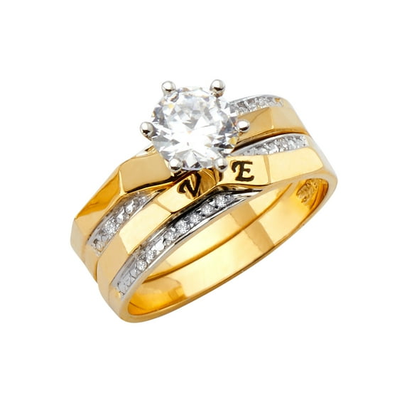 Wellingsale Ladies Solid 14k Two 2 Tone White and Yellow Gold Polished Diamond Cut CZ Cubic Zirconia Engagement Ring + Wedding Band Bridal Set - Size 6