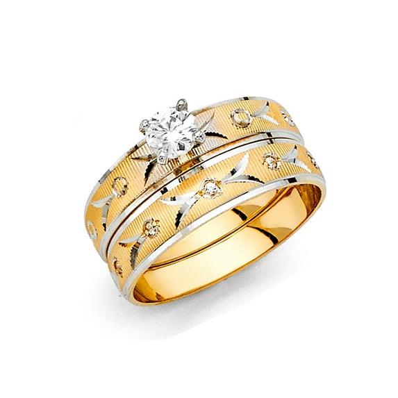Wellingsale Ladies Solid 14k Two 2 Tone White and Yellow Gold Polished Diamond Cut CZ Cubic Zirconia Engagement Ring + Wedding Band Bridal Set - Size 6
