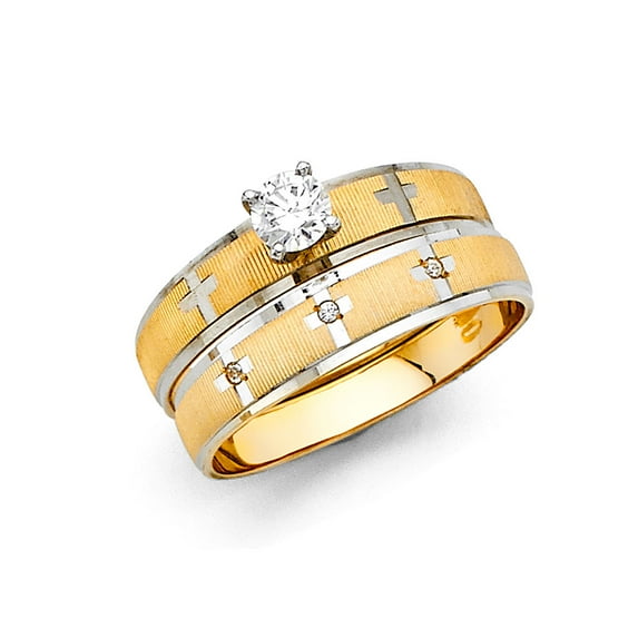 Wellingsale Ladies Solid 14k Two 2 Tone White and Yellow Gold Polished Diamond Cut CZ Cubic Zirconia Engagement Ring + Wedding Band Bridal Set - Size 8.5