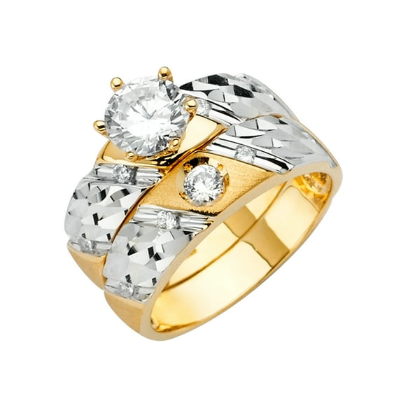 Wellingsale Ladies Solid 14k Two 2 Tone White and Yellow Gold Polished CZ Cubic Zirconia Engagement Ring + Wedding Band Bridal Set - Size 8