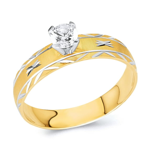 Wellingsale Ladies Solid 14k Two 2 Tone White and Yellow Gold Polished Diamond Cut CZ Cubic Zirconia Engagement Ring - Size 9