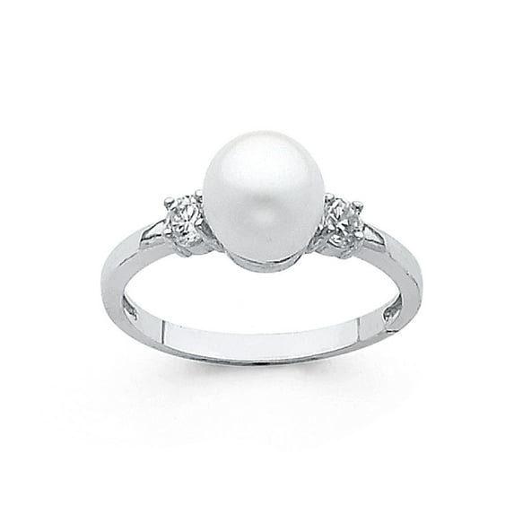 Wellingsale Ladies Solid 14k White Gold Polished 8mm Freshwater Cultured Pearl CZ Cubic Zirconia Engagement Ring - Size 4.5