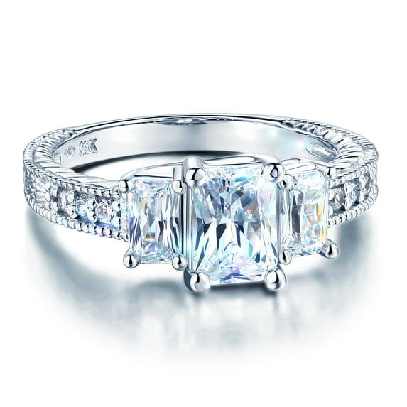 Wellingsale Ladies Solid 14k White Gold Polished CZ Cubic Zirconia Emerald Cut Pave Three 3 Stone Engagement Ring with Side Stones - Size 9