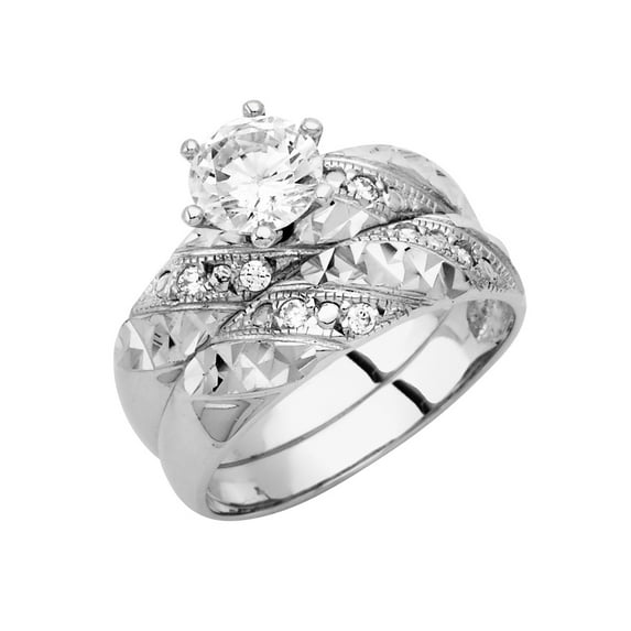 Wellingsale Ladies Solid 14k White Gold Polished CZ Cubic Zirconia Engagement Ring + Wedding Band Bridal Set - Size 4.5
