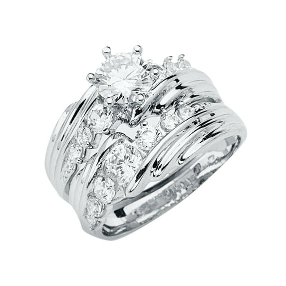 Wellingsale Ladies Solid 14k White Gold Polished CZ Cubic Zirconia Engagement Ring + Wedding Band Bridal Set - Size 7