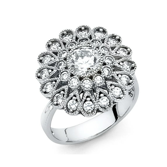 Wellingsale Ladies Solid 14k White Gold Polished CZ Cubic Zirconia Fancy Right Hand Milgrain Statement Ring - Size 7.5