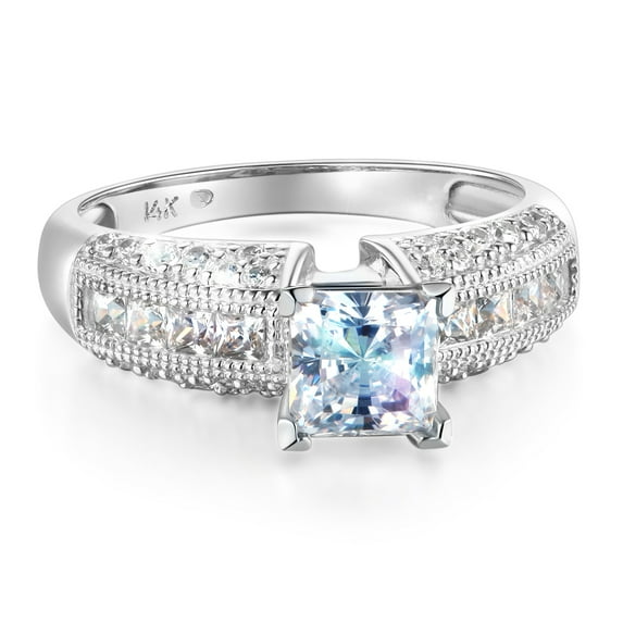 Wellingsale Ladies Solid 14k White Gold Polished CZ Cubic Zirconia Princess Cut Engagement Ring with Side Stones - Size 8