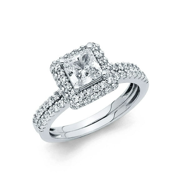 Wellingsale Ladies Solid 14k White Gold Polished CZ Cubic Zirconia Princess Cut Halo Engagement Ring with Side Stones and Matching Band Bridal Set - Size 6