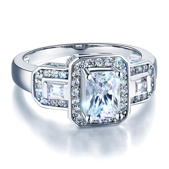 Wellingsale Ladies Solid 14k White Gold Polished CZ Cubic Zirconia Radiant Cut Halo Engagement Ring - Size 5