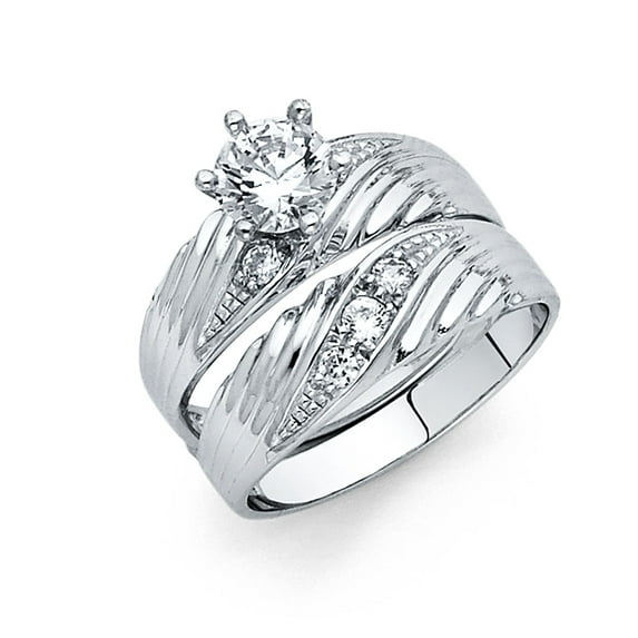 Wellingsale Ladies Solid 14k White Gold Polished CZ Cubic-Zirconia Round Cut Engagement Ring and Wedding Band Bridal Set - Size 4.5