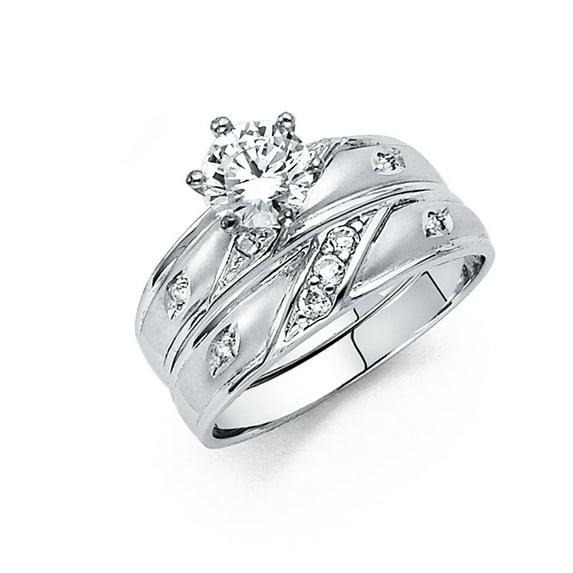 Wellingsale Ladies Solid 14k White Gold Polished CZ Cubic Zirconia Round Cut Engagement Ring and Wedding Band Bridal Set - Size 7