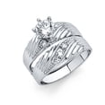 thumbnail image 1 of Wellingsale Ladies Solid 14k White Gold Polished CZ Cubic-Zirconia Round Cut Engagement Ring and Wedding Band Bridal Set - Size 8, 1 of 3