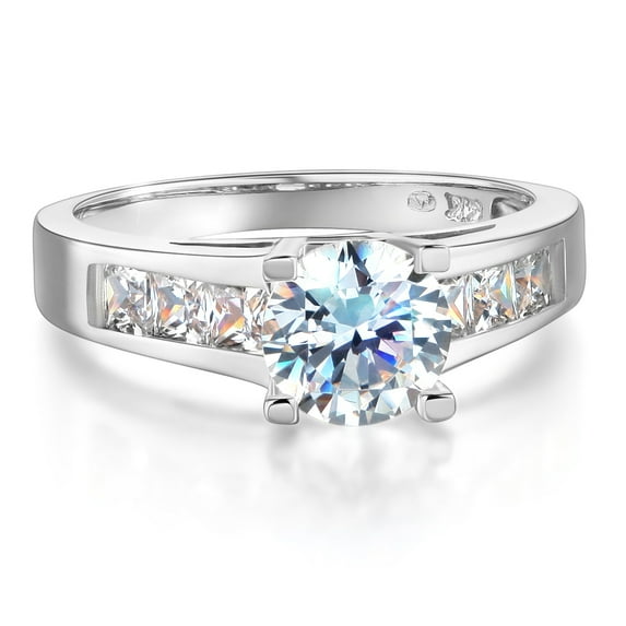 Wellingsale Ladies Solid 14k White Gold Polished CZ Cubic Zirconia Round Cut Engagement Ring with Side Stones - Size 7
