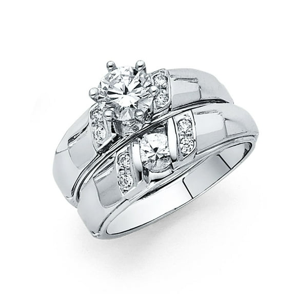 Wellingsale Ladies Solid 14k White Gold Polished CZ Cubic Zirconia Round Cut Engagement Ring with Side Stones and Wedding Band Bridal Set - Size 5