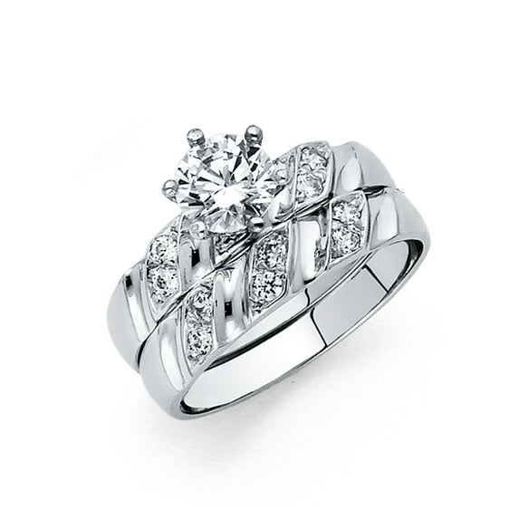 Wellingsale Ladies Solid 14k White Gold Polished CZ Cubic Zirconia Round Cut Engagement Ring with Side Stones and Wedding Band Bridal Set - Size 7