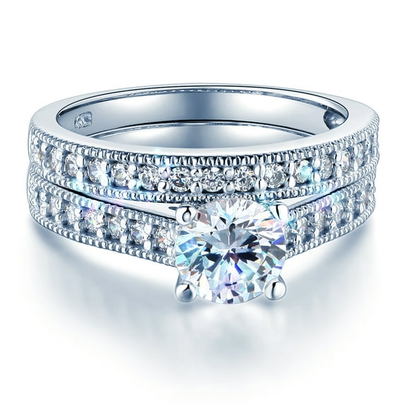 Wellingsale Ladies Solid 14k White Gold Polished CZ Cubic Zirconia Round Cut Engagement Ring with Side Stones and Wedding Band Bridal Set - Size 8