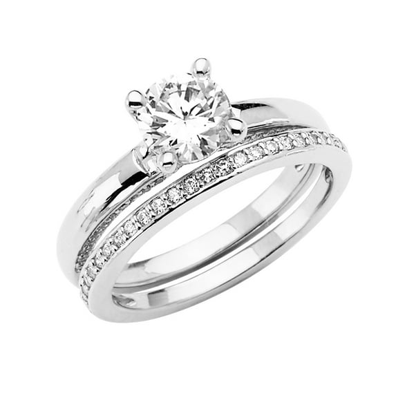 Wellingsale Ladies Solid 14k White Gold Polished Round 4 Prong CZ Cubic Zirconia Solitaire Engagement Ring + Wedding Band Bridal Set - Size 9