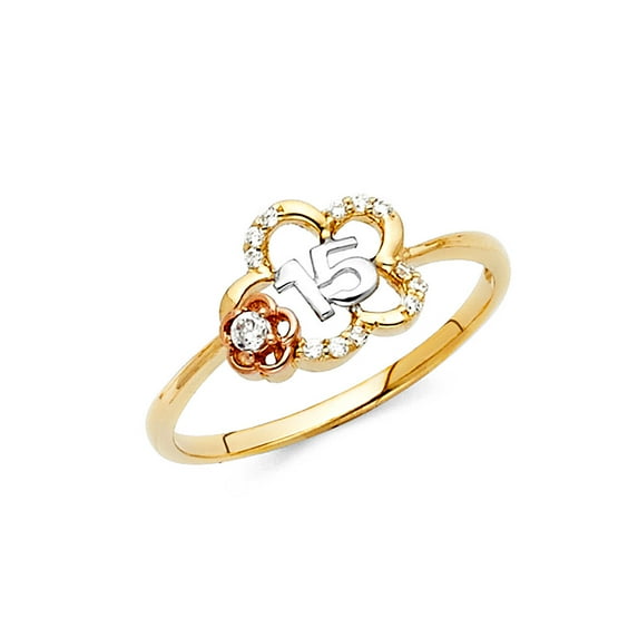 Wellingsale Ladies Solid 14k Yellow Gold Polished CZ Cubic Zirconia 15 Anos Quinceanera Double Open Flower Design Right Hand Fashion Ring - Size 4