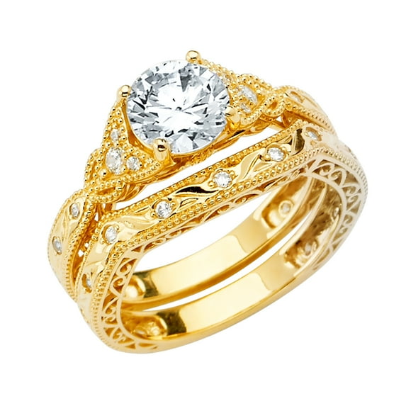 Wellingsale Ladies Solid 14k Yellow Gold Polished CZ Cubic Zirconia Engagement Ring + Wedding Band Bridal Set - Size 6.5