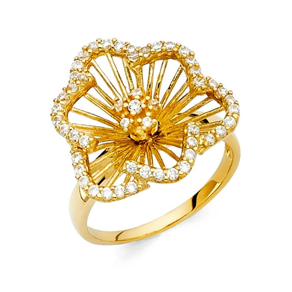 Wellingsale Ladies Solid 14k Yellow Gold Polished CZ Cubic Zirconia Fancy Right Hand Statement Ring - Size 5.5