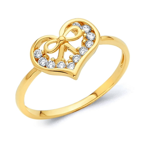 Wellingsale Ladies Solid 14k Yellow Gold Polished CZ Cubic Zirconia Heart Right Hand Fashion Ring - Size 7.5