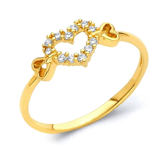 Wellingsale Ladies Solid 14k Yellow Gold Polished CZ Cubic Zirconia Heart Right Hand Fashion Ring - Size 8