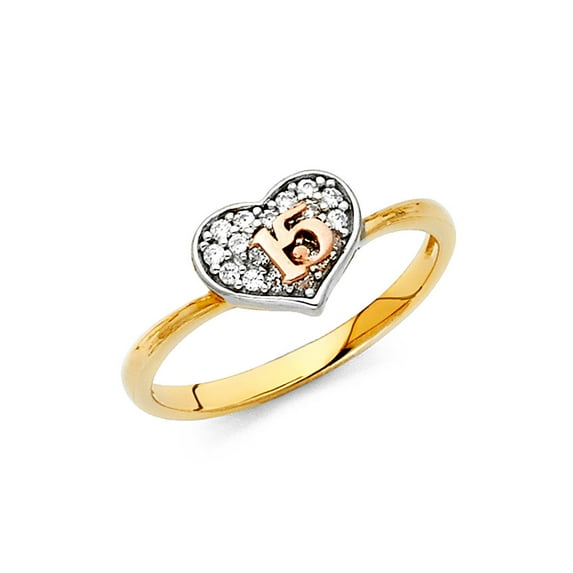 Wellingsale Ladies Solid 14k Yellow Gold Polished CZ Cubic Zirconia Pave-Set 15 Anos Quinceanera Heart Design Right Hand Fashion Ring - Size 5.5