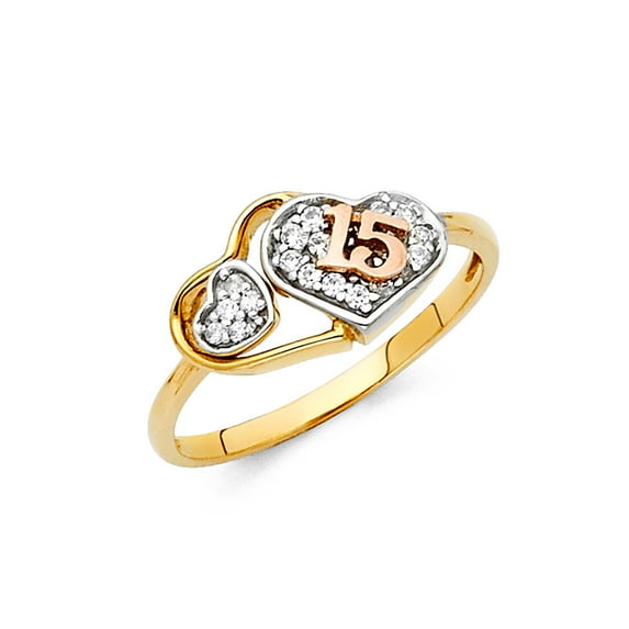 Wellingsale Ladies Solid 14k Yellow Gold Polished CZ Cubic Zirconia Pave-Set 15 Anos Quinceanera Three Hearts Design Right Hand Fashion Ring - Size 9