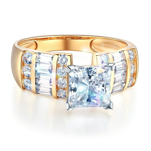 Wellingsale Ladies Solid 14k Yellow Gold Polished CZ Cubic Zirconia Princess Cut Engagement Ring with Side Stones - Size 7.5