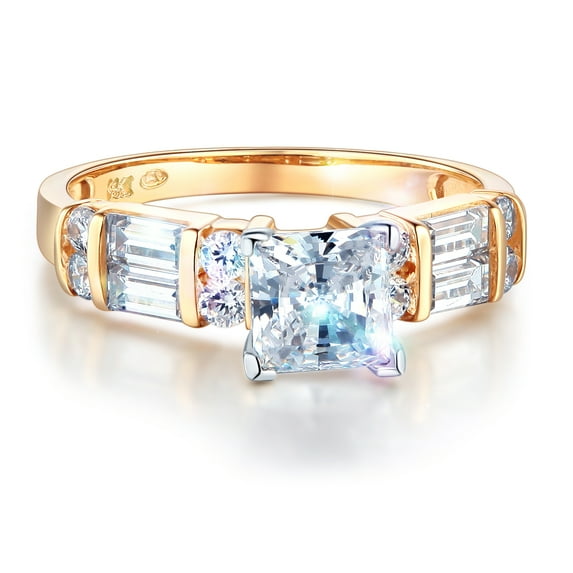 Wellingsale Ladies Solid 14k Yellow Gold Polished CZ Cubic Zirconia Princess Cut Engagement Ring with Side Stones - Size 8