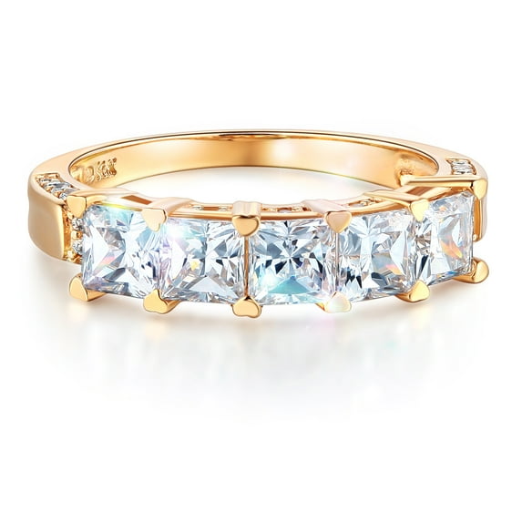 Wellingsale Ladies Solid 14k Yellow Gold Polished CZ Cubic Zirconia Princess Cut Five 5 Stone Anniversary Wedding Band - Size 7