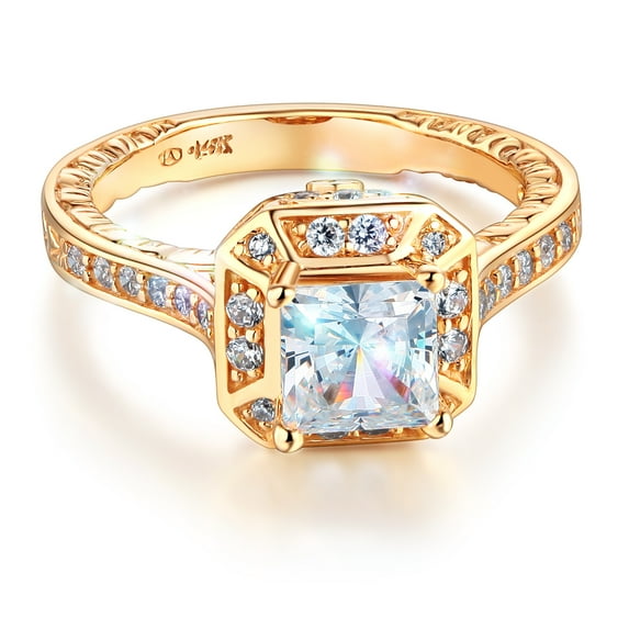 Wellingsale Ladies Solid 14k Yellow Gold Polished CZ Cubic Zirconia Princess Cut Halo Engagement Ring with Side Stones - Size 8.5