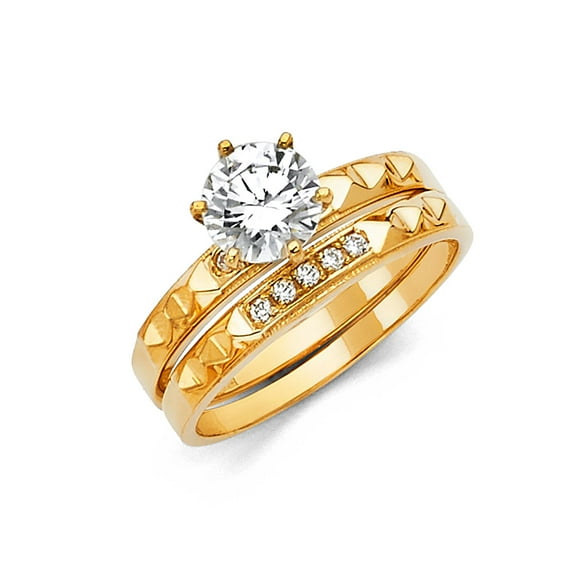 Wellingsale Ladies Solid 14k Yellow Gold Polished CZ Cubic Zirconia Round Cut Engagement Ring and Wedding Band Bridal Set - Size 4.5