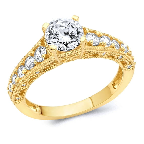 Wellingsale Ladies Solid 14k Yellow Gold Polished CZ Cubic Zirconia Round Cut Engagement Ring with Side Stones - Size 6