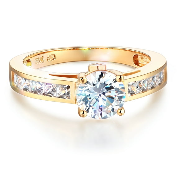 Wellingsale Ladies Solid 14k Yellow Gold Polished CZ Cubic Zirconia Round Cut Engagement Ring with Side Stones - Size 6