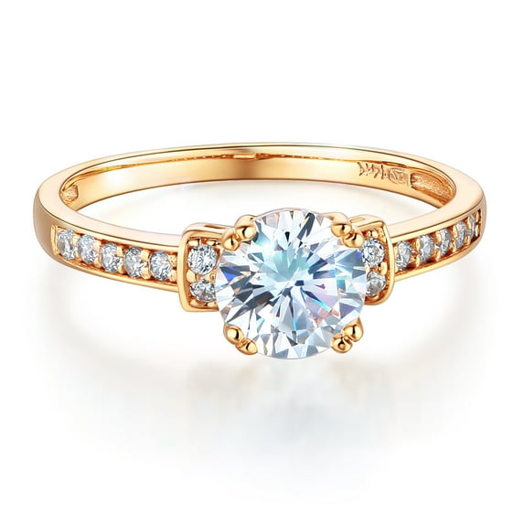 Wellingsale Ladies Solid 14k Yellow Gold Polished CZ Cubic Zirconia Round Cut Engagement Ring with Side Stones - Size 6