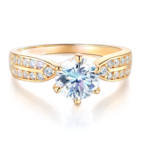 Wellingsale Ladies Solid 14k Yellow Gold Polished CZ Cubic Zirconia Round Cut Engagement Ring with Side Stones - Size 7.5