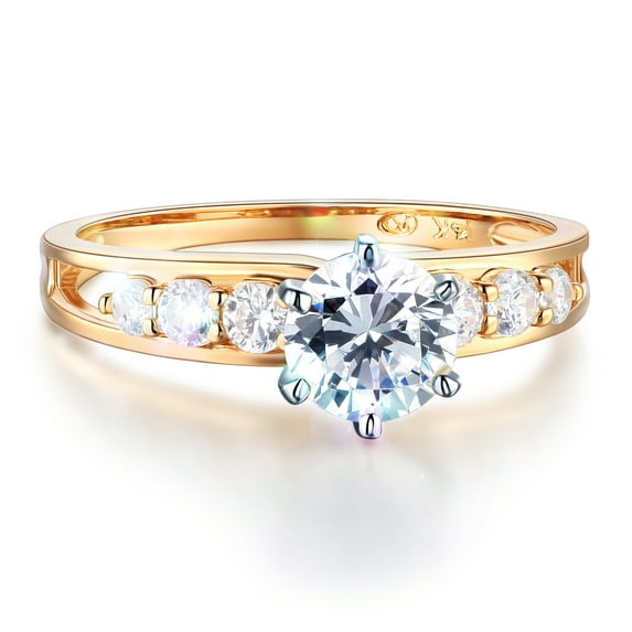 Wellingsale Ladies Solid 14k Yellow Gold Polished CZ Cubic Zirconia Round Cut Engagement Ring with Side Stones - Size 7.5