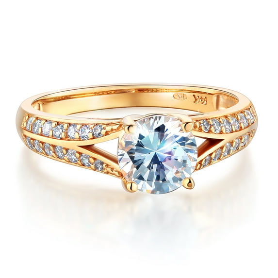 Wellingsale Ladies Solid 14k Yellow Gold Polished CZ Cubic Zirconia Round Cut Engagement Ring with Side Stones - Size 8.5