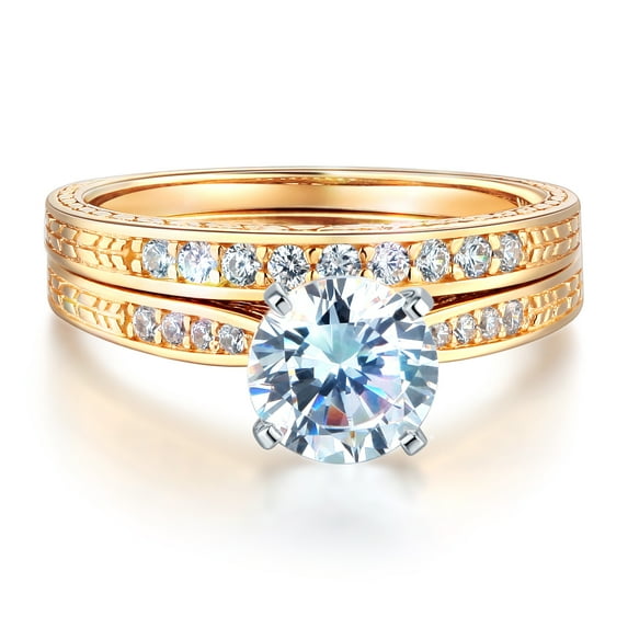 Wellingsale Ladies Solid 14k Yellow Gold Polished CZ Cubic Zirconia Round Cut Engagement Ring with Side Stones and Matching Band Bridal Set - Size 5