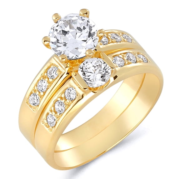 Wellingsale Ladies Solid 14k Yellow Gold Polished CZ Cubic Zirconia Round Cut Engagement Ring with Side Stones and Wedding Band Bridal Set - Size 7